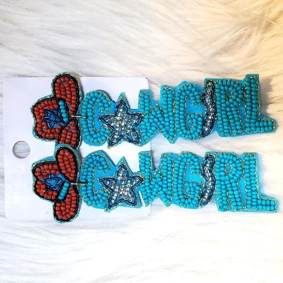 NEW Western Turquoise Cowgirl Beaded Shimmer Hat Earrings Star detail - Picture 2 of 8